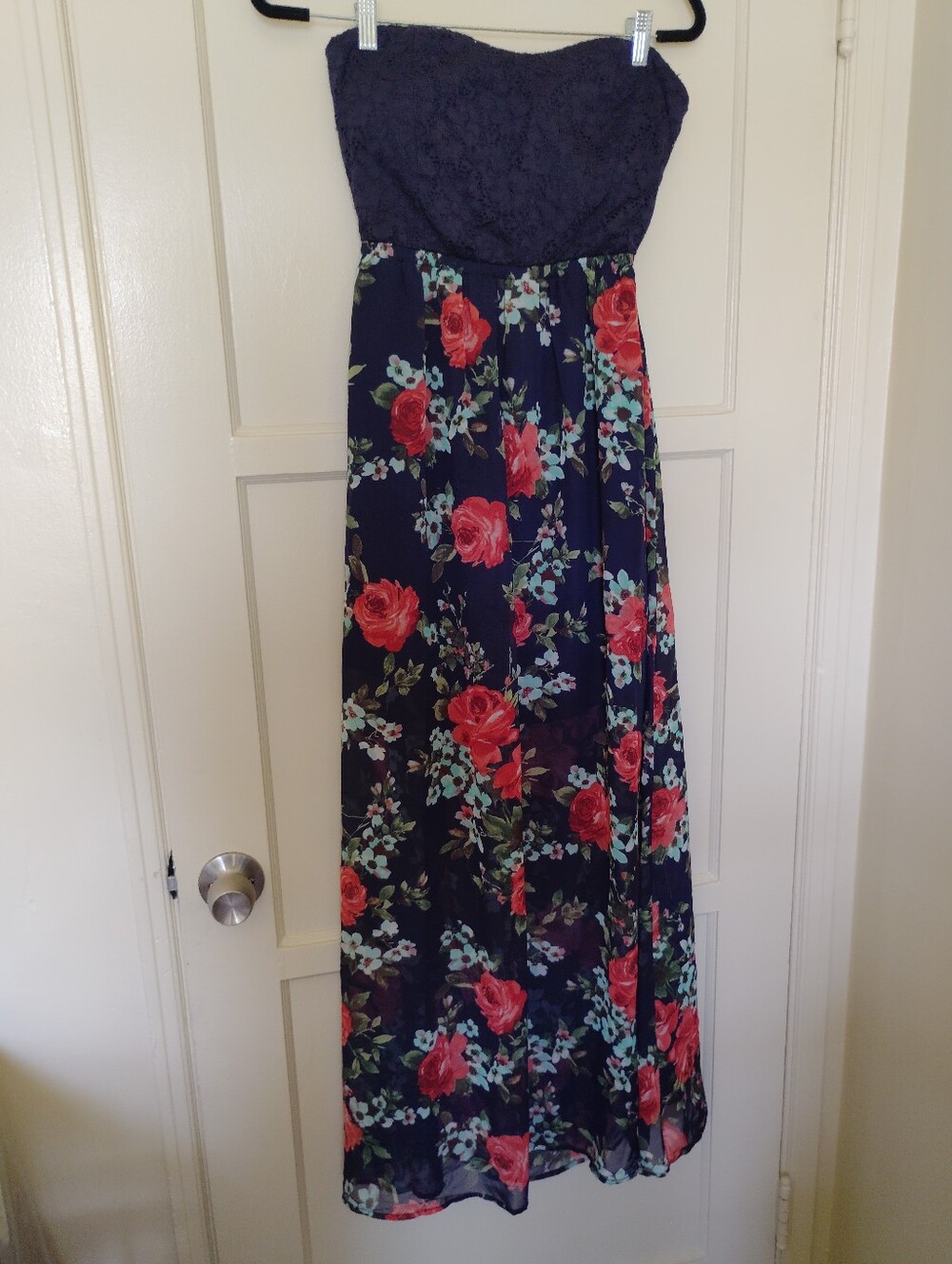 Iris Strapless Navy Floral Maxi Dress with Stretchy Lace Bodice